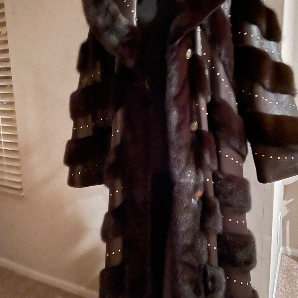 Floor Length leather coat - trimmed in Mink.